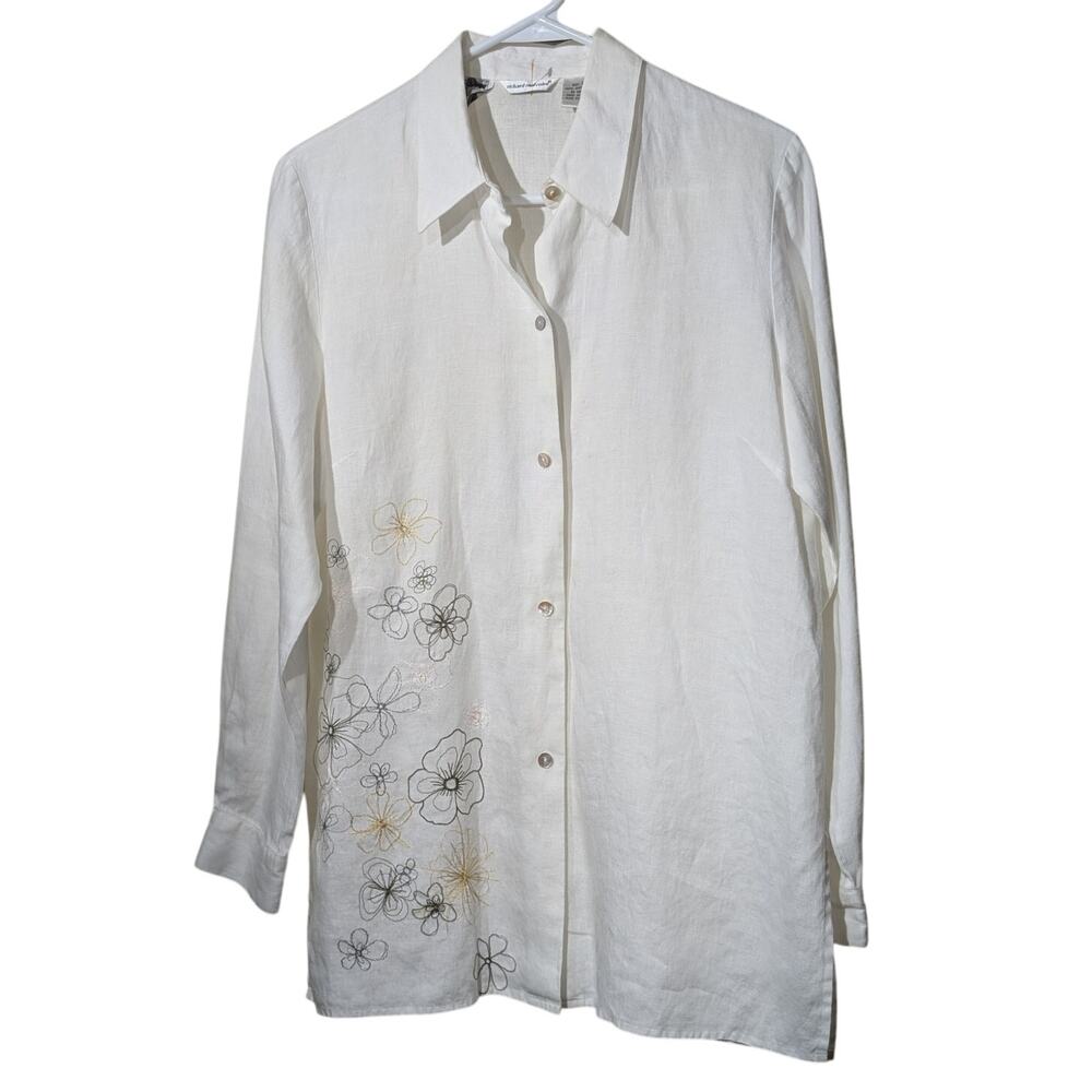 Vtg Richard Malcolm Irish Linen Ecru Embroidered Flowers Button Front Shirt Sz M